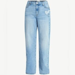 No Bo MidWash High-Rise Wide Leg Jeans with Heart Appliques Patchwork -Size:20